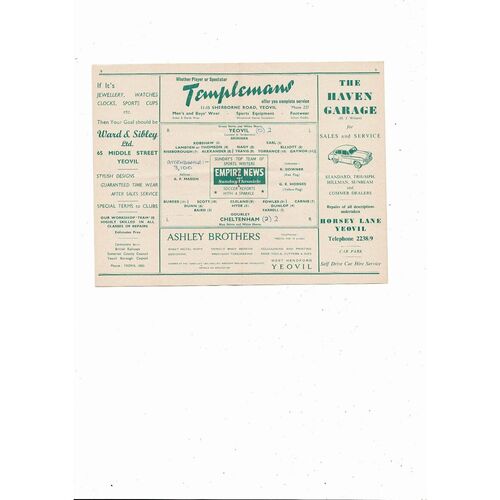 1957/58 Yeovil Town v Cheltenham Town Southern League Football Programme