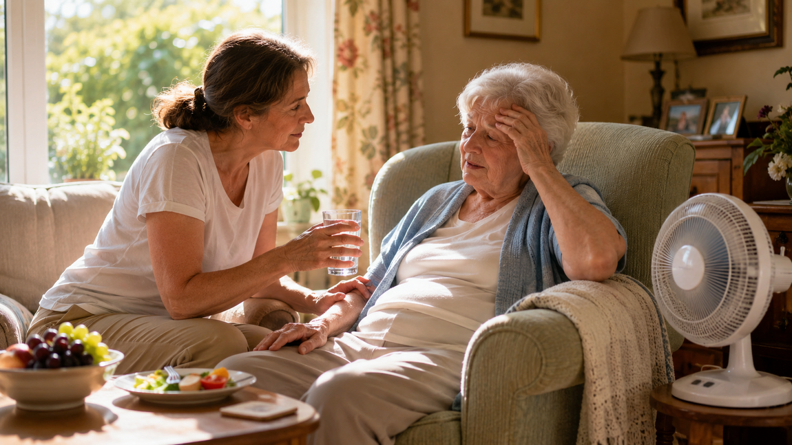 Older woman sitting in a sunny living room looking tired while a carer checks on her with a glass of water nearby.