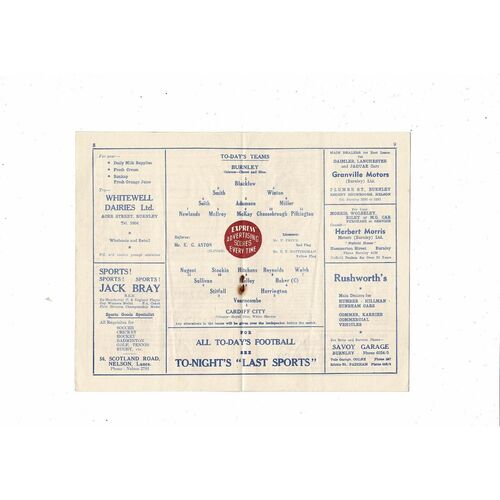 1956/57 Burnley v Cardiff City Football Programme