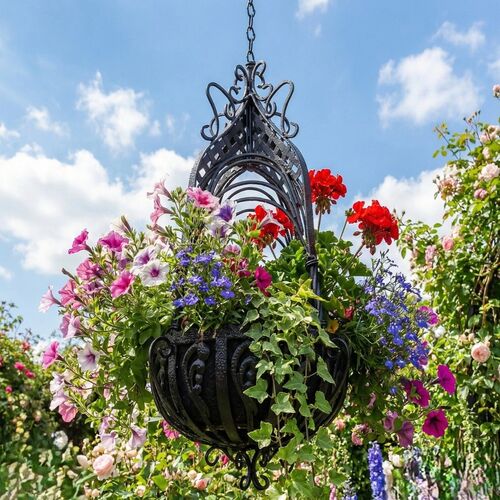 Large black metal hanging basket