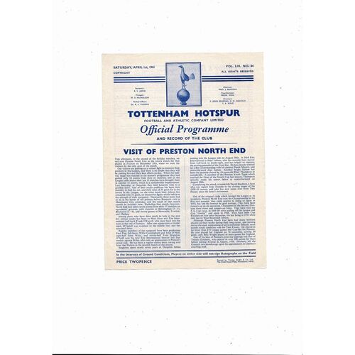1960/61 Tottenham Hotspur v Preston Football Programme. Spurs double season