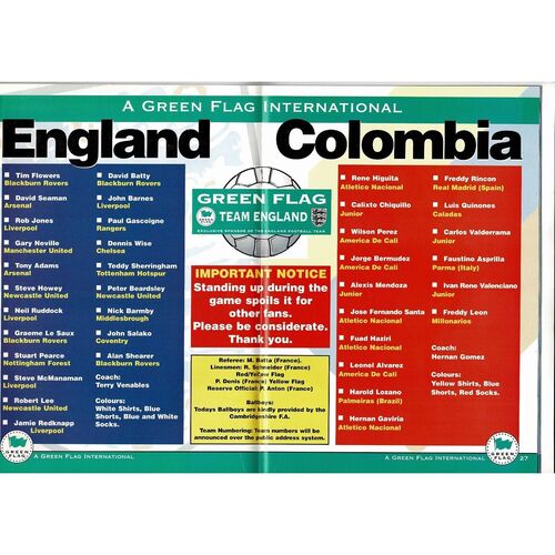 1995 England v Colombia Football Programme
