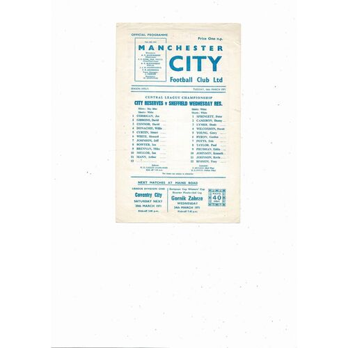 Manchester City v Sheffield Wednesday Central League Football Programme 1970/71