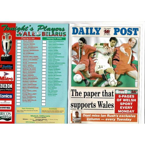 1998 Wales v Belarus European Championship Football Programme @ Cardiff City