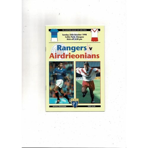 1998/99 Rangers v Airdrieonians Scottish League Cup Semi Final Football Programme
