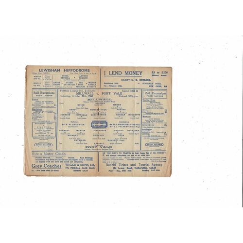 1950/51 Millwall v Port Vale Football Programme
