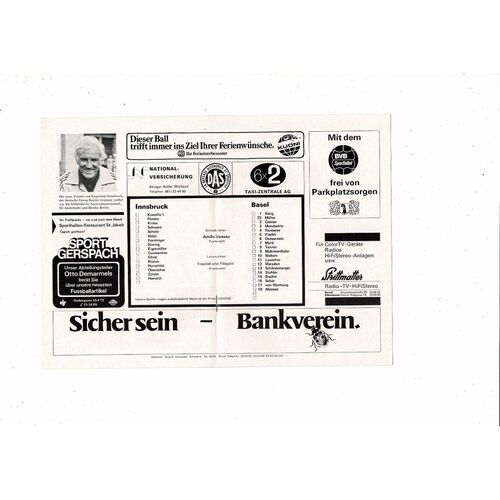 FC Basel v Swarovski Innsbruck European Cup Football Programme 1977/78