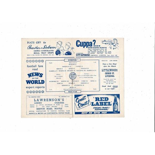 Everton v Red Star Friendly Football Programme 1957/58