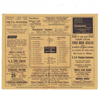 Sutton United v Leeds United FA Cup Football Programme 1970/71