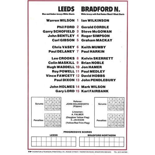 1989/90 Leeds v Bradford Northern (17/09/1989) John Smith's Yorkshire County Cup Competition First Round Rugby League Programme