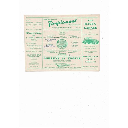 1954/55 Yeovil Town v Guildford Southern League Football Programme