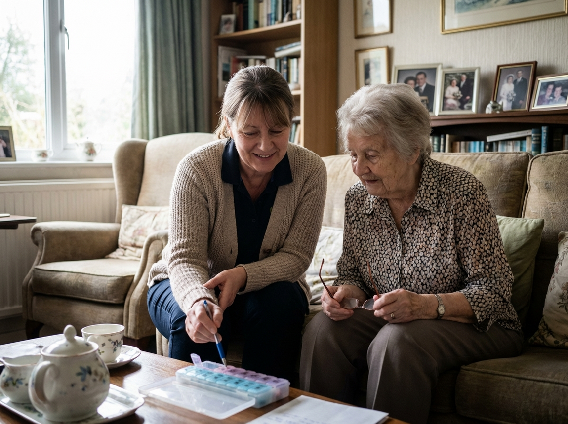 Carer supporting an elderly woman with her medication organiser in a living room, demonstrating structured medication support during a home care visit.