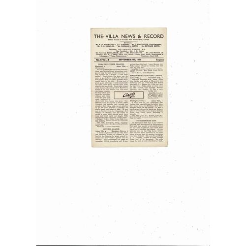 1946/47 Aston Villa v Brentford Football Programme