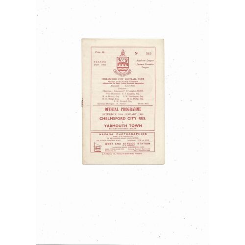 Chelmsford Res v Yarmouth Eastern Counties League Football Programme 1959/60