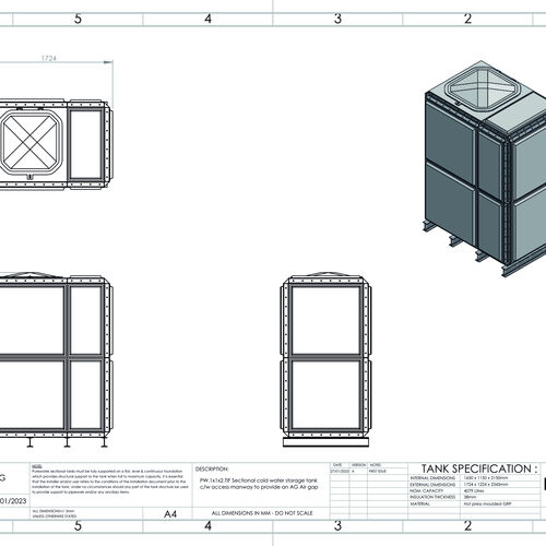 PW.1.5X1X2.TIF.AG - 4079 LITRE SECTIONAL WATER TANK, TOTALLY INTERNALLY FLANGED (TIF)