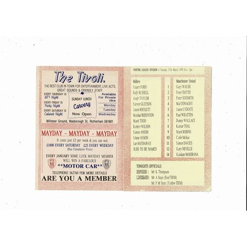 Rotherham United v Manchester United Pontins League Football Programme 1991/92