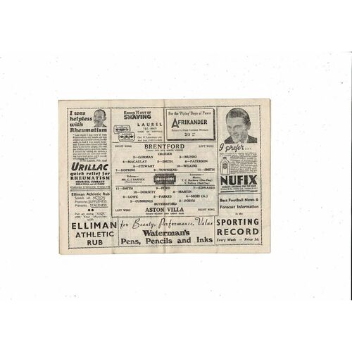 1946/47 Brentford v Aston Villa Football Programme