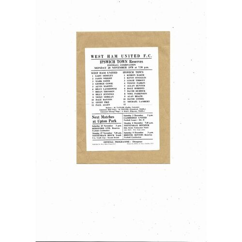 West Ham United v Ipswich Town Football Combination Programme 1978/79