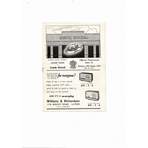 1959/60 Luton Town v Leeds United Football Programme