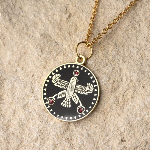 Round Pendant. The Persian Falcon. Black with 3 White Stones.