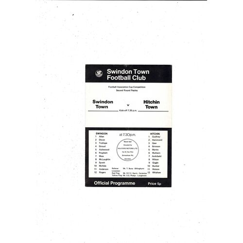 Swindon Town v Hitchin Town 2nd Round Replay FA Cup Football Programme 1976/77