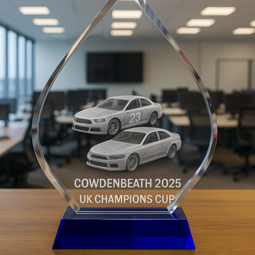 The Mega Plus 250mm Tall, Blue Base, Presentation Crystal/Trophy