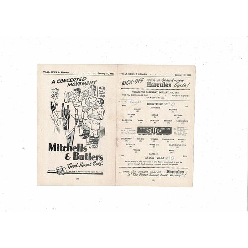 1952/53 Aston Villa v Brentford FA Cup Football Programme