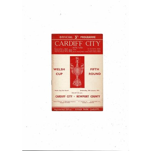 1961/62 Cardiff City v Newport County Welsh Cup Football Programme