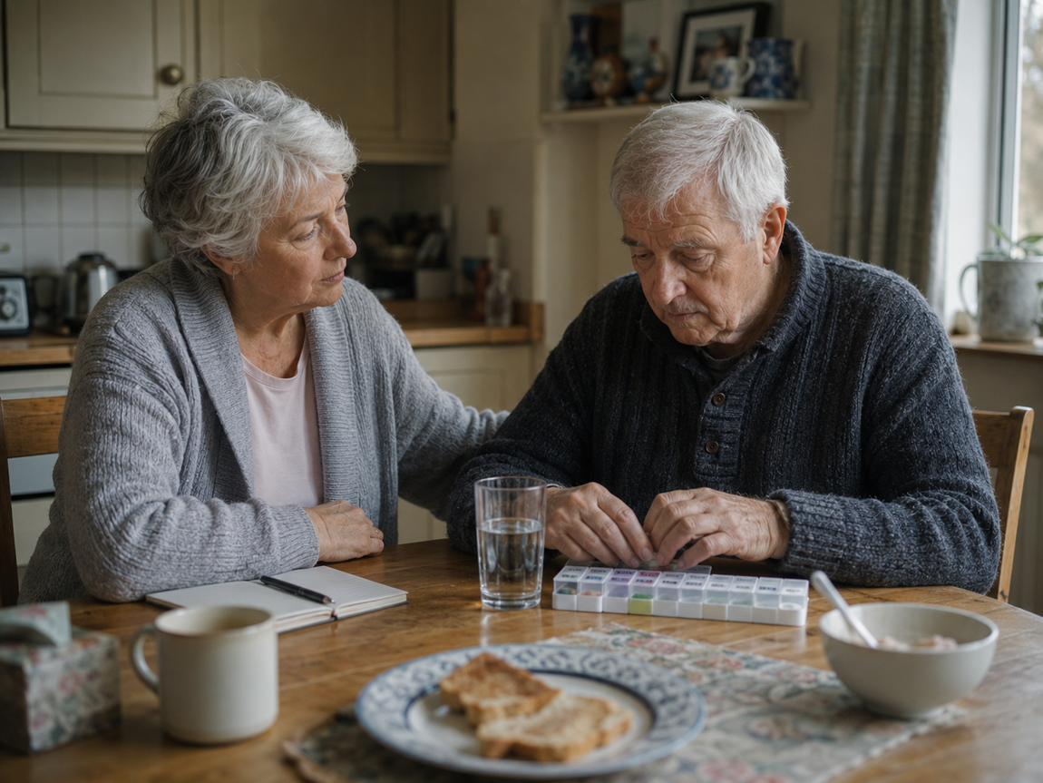 An older man uses a pill organiser at the breakfast table while his wife sits beside him, gently supporting his morning routine after a dementia diagnosis.