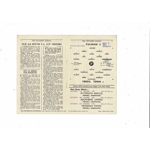 Fulham v Yeovil Town FA Cup Football Programme 1957/58