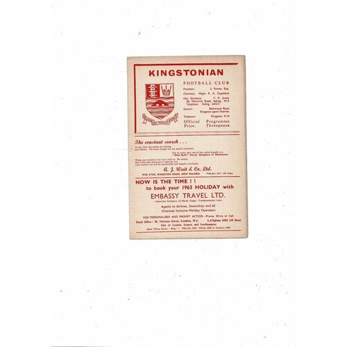 1962/63 Kingstonian v Barking Isthmian League Football Programme