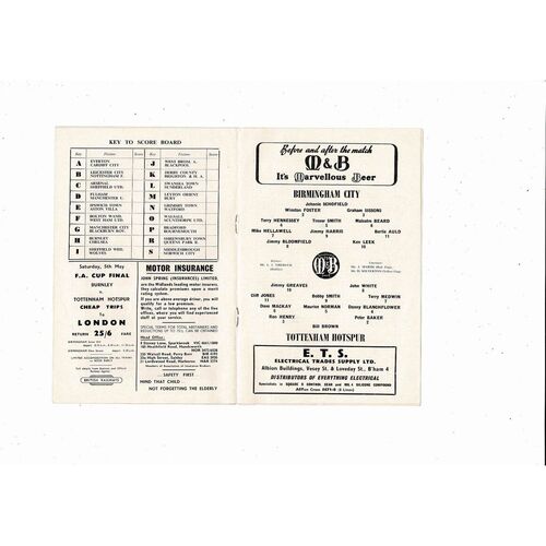 1961/62 Birmingham City v Tottenham Hotspur Football Programme