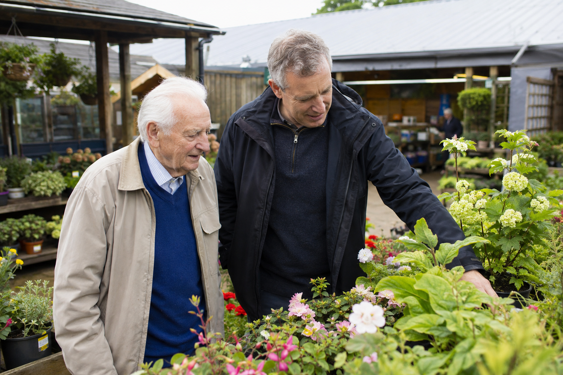 An older man and his Personal Assistant looking at flowering plants during a visit to a local garden centre.