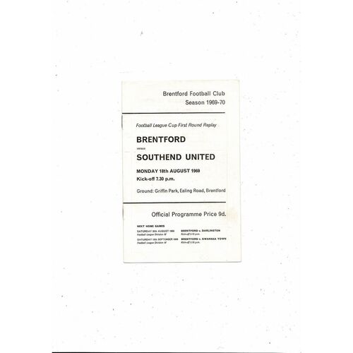 1969/70 Brentford v Southend United League Cup Replay Football Programme