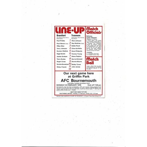 1975/76 Brentford v Tranmere Rovers Football Programme