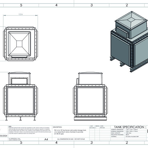 PW.1X1X1.TIF.AB - 1520 LITRE SECTIONAL WATER TANK, INTERNALLY FLANGED BASE (IFB) C/W FVH
