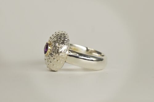 Sterling Silver Urchin Ring Set with Amethyst In 18K Gold Tube bezel