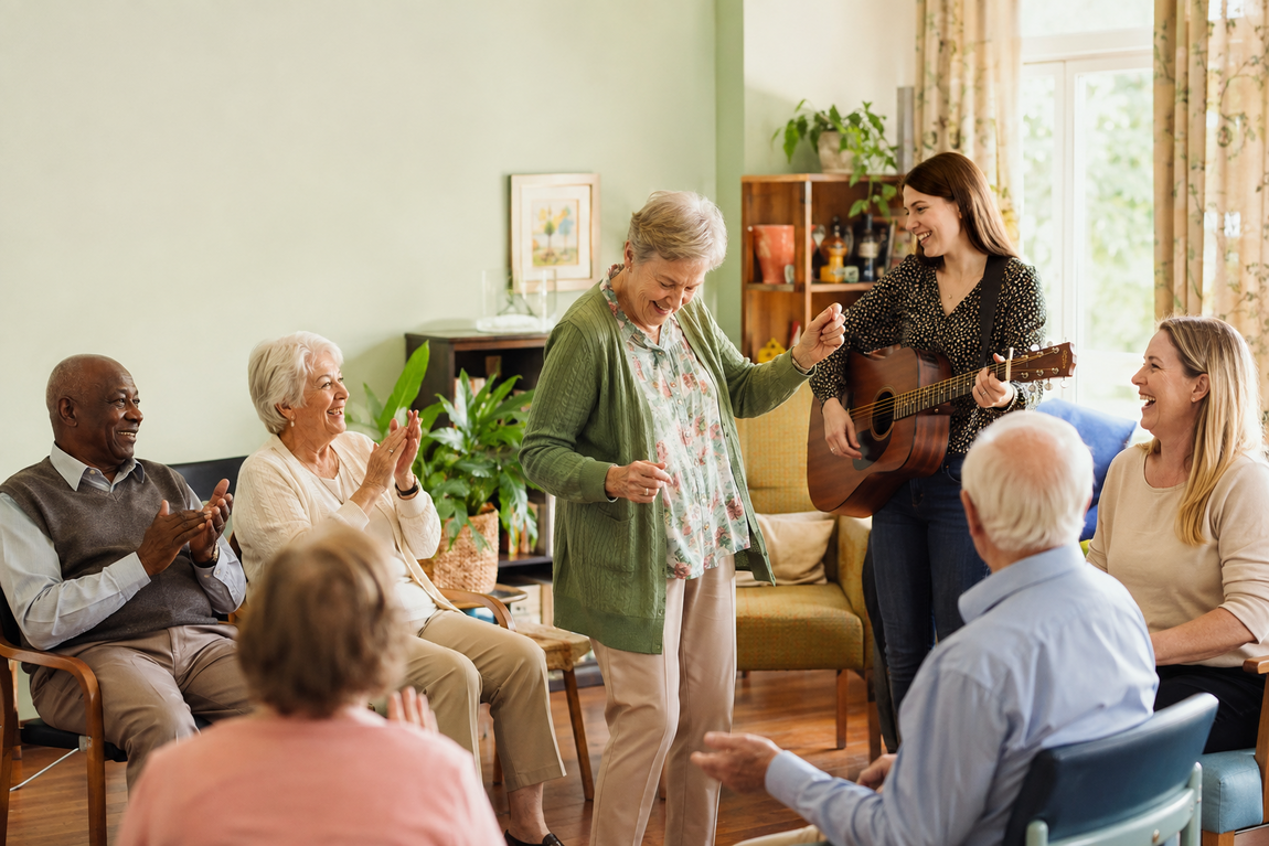 Guests and activity coordinators enjoying live music and dancing together at a welcoming dementia day club.