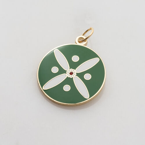 Round Pendant. The Persian Cross. White on Green  with 1 Central Red Stone.