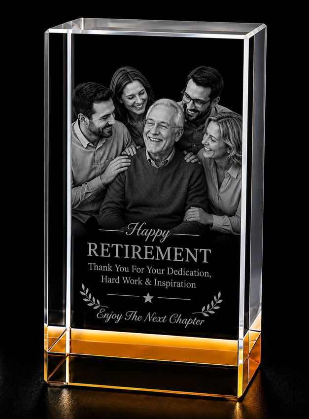 Retirement 3D Crystal Gifts | 3d Crystal Shop | 3d crystal glass engraving | Personalised 3d engraving  | 3d crystal photo