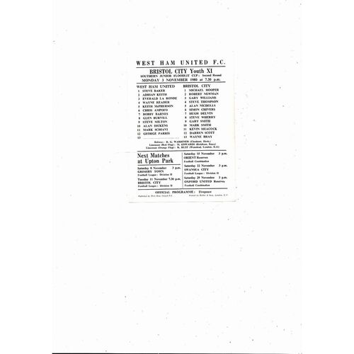 West Ham United v Bristol City Southern Junior Floodlit Cup Football Programme 1980/81