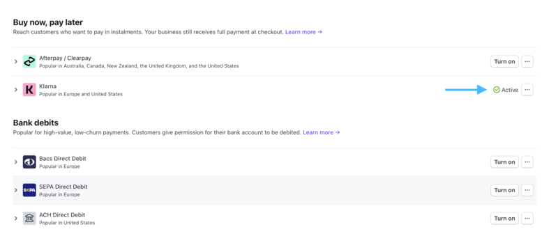 Stripe: How to enable Klarna | Webfactory Support | Webfactory