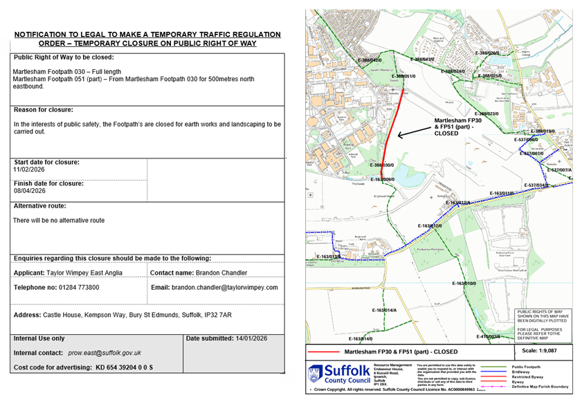 Details of temporary footpath closure with map