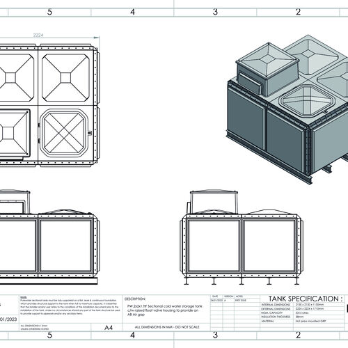 PW.2X2X1.TIF.AB - 5315 LITRE SECTIONAL WATER TANK, TOTALLY INTERNALLY FLANGED (TIF) C/W FVH
