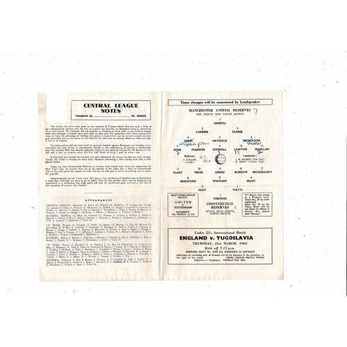 Manchester United v Chesterfield Central League Football Programme 1962/63