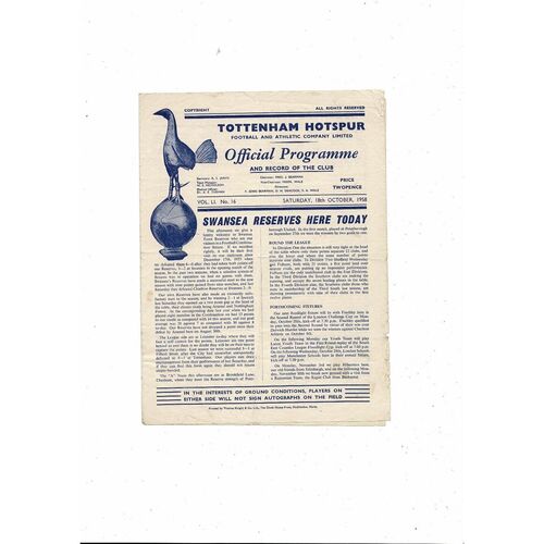 Tottenham Hotspur v Swansea Football Combination Programme 1958/59