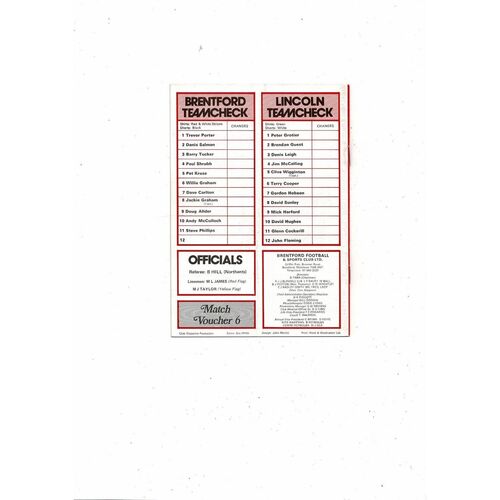1978/79 Brentford v Lincoln City Football Programme