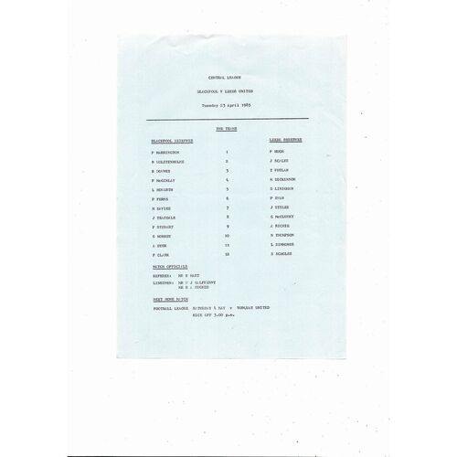 Blackpool v Leeds United Central League Football Programme 1984/85