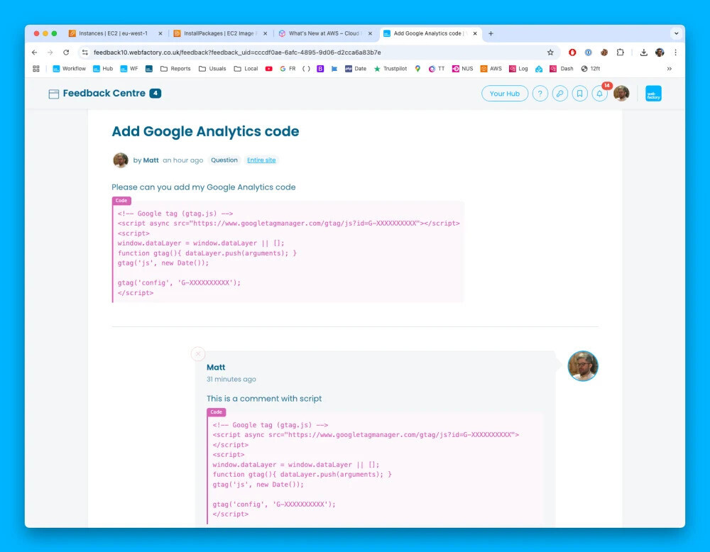 Add code snippets to the Feedback Centre