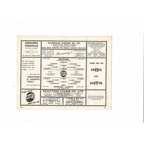 1956/57 Brentford v Newport County Football Programme